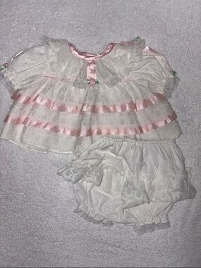 Cradle togs vintage layered White Lace pink ribbon rosebud matching bloomer 3/6m